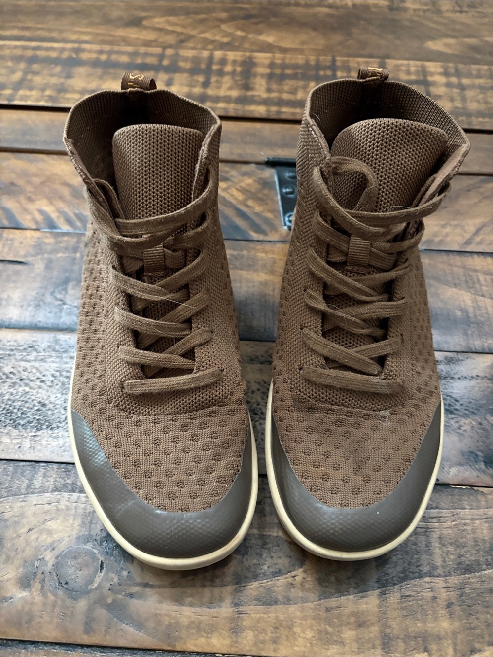 Suavs Brown Knit High-Top Sneaker with Tan Sole Trim